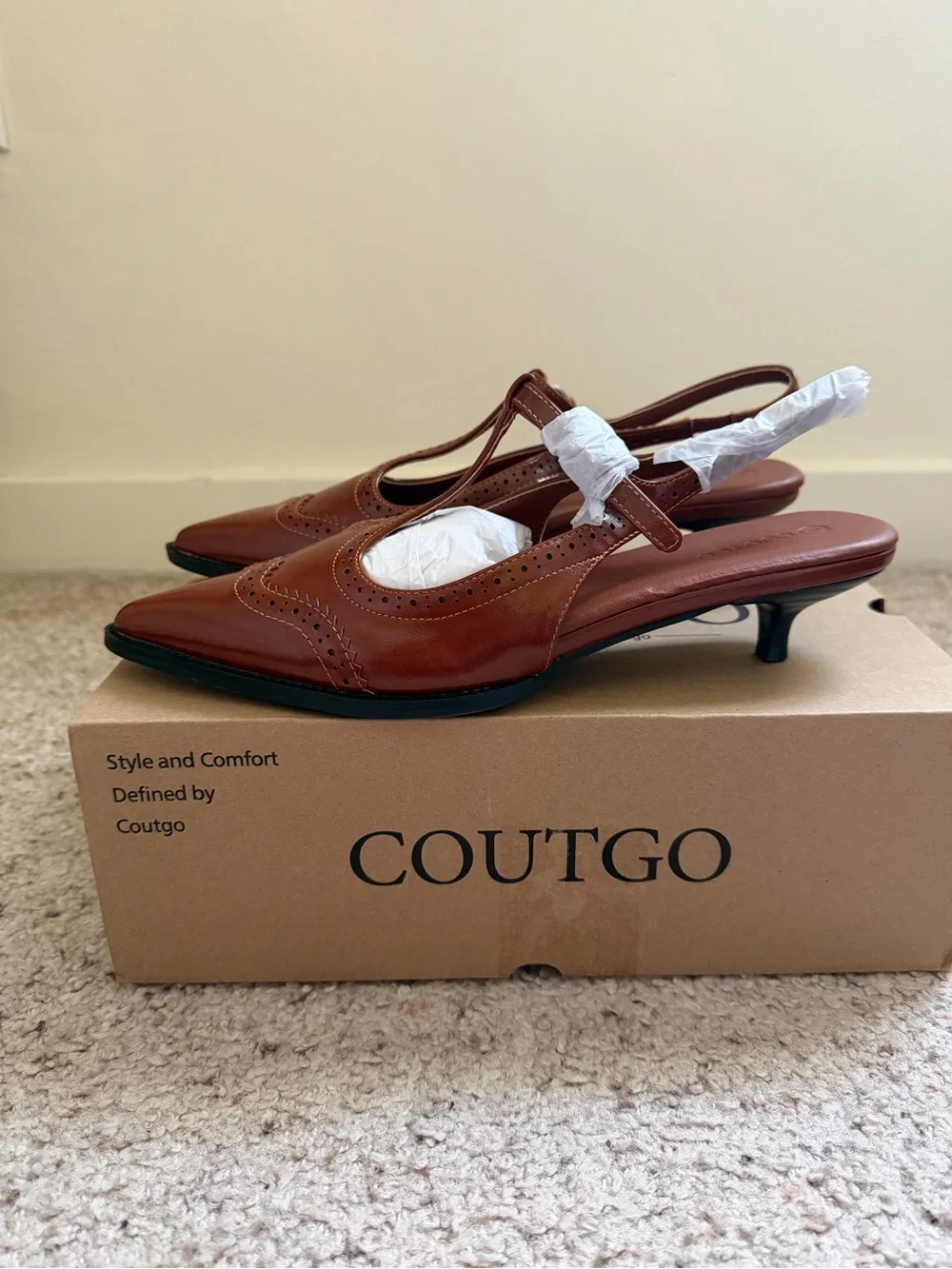Brown T-Strap Slingback Kitten Heels Pointed Toe Brogue Shoes Size 8 - Picture 5 of 6